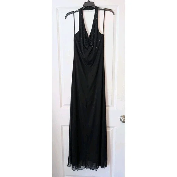 Vintage 90s Y2K Black Halter Rhinestone V-Neck Ruched Formal Dress Size 4/6?